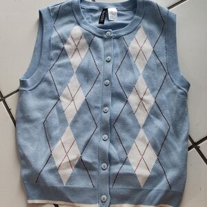 H&M Light Blue Sleeveless Argyle Button Cardigan with White & Maroon Details